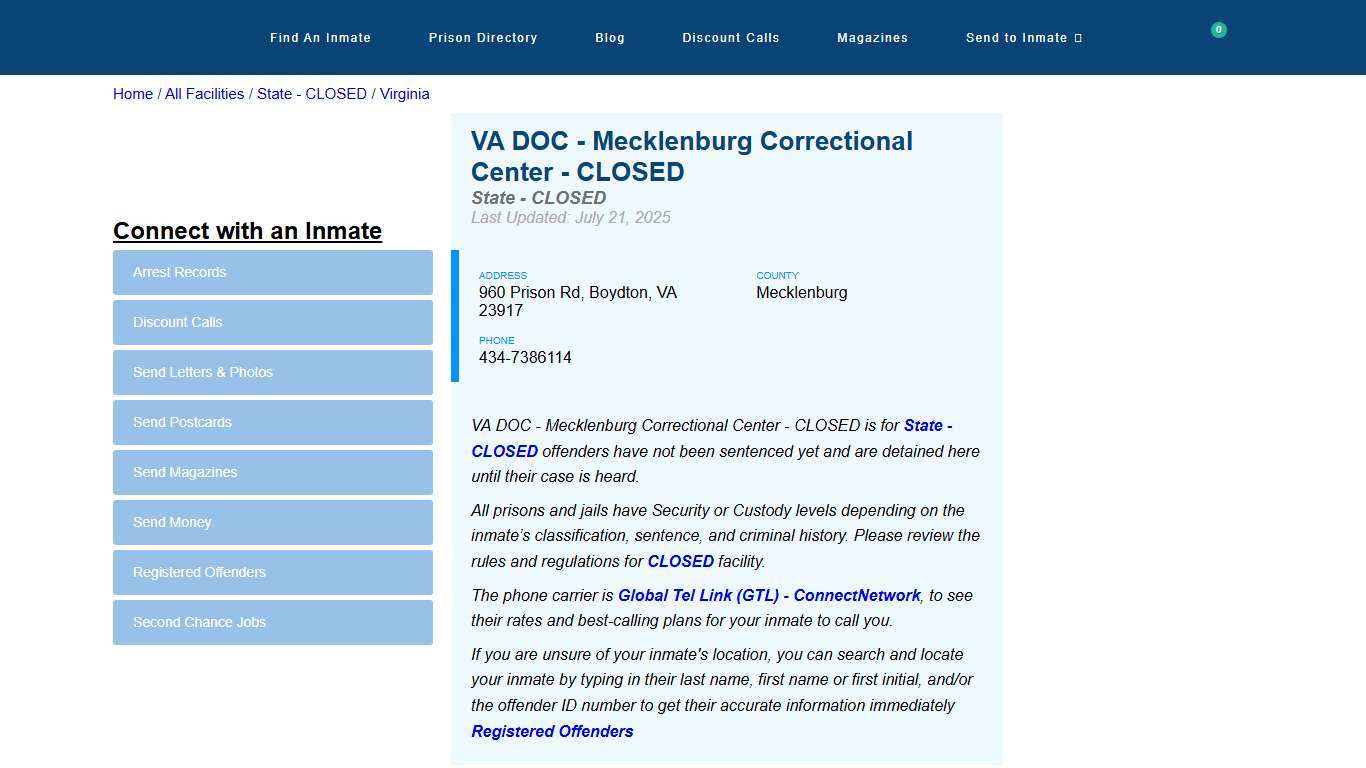 VA DOC - Mecklenburg Correctional Center & Inmate Search - Boydton, VA